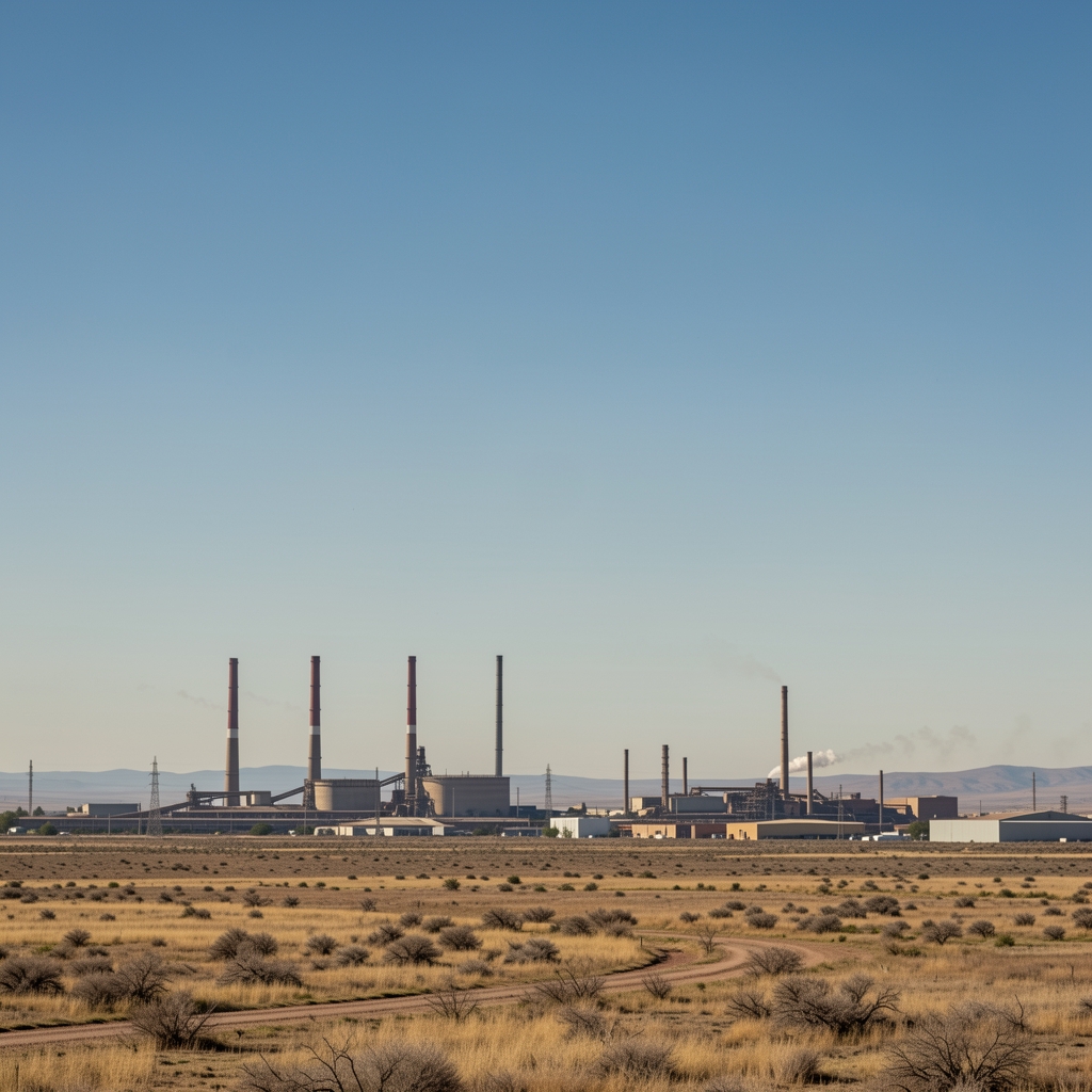 Paisaje industrial argentino con chimeneas lejanas y cielo amplio sin personas